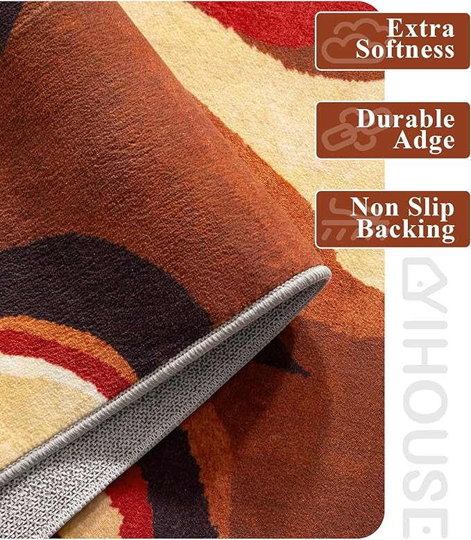 YIHOUSE Burnt Orange Runner Rug 2x6 for Hallway,Farmhouse Brown Retro Carpets Washable,Geometric Abstract Wavy Rug,Unique Colorful Rugs for Dining Room,Kitchen,Bedside Rugs