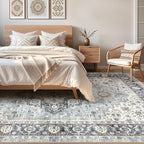 8x10 Area Rugs Living Room: Washable Boho Large Neutral Vintage Soft Rug Stain Resistant Farmhouse Non-Slip Indoor Floor Carpet for Bedroom Nursery Kids Office Dining Room Home House- Blue Tan