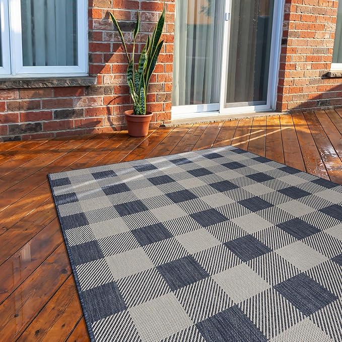 CAMILSON Outdoor Rug - Modern Area Rugs for Indoor and Outdoor Patios, Kitchen and Hallway mats - Easy Cleaning Non Shedding Washable Outside Carpet (6x9, Buffalo - Blue/White)