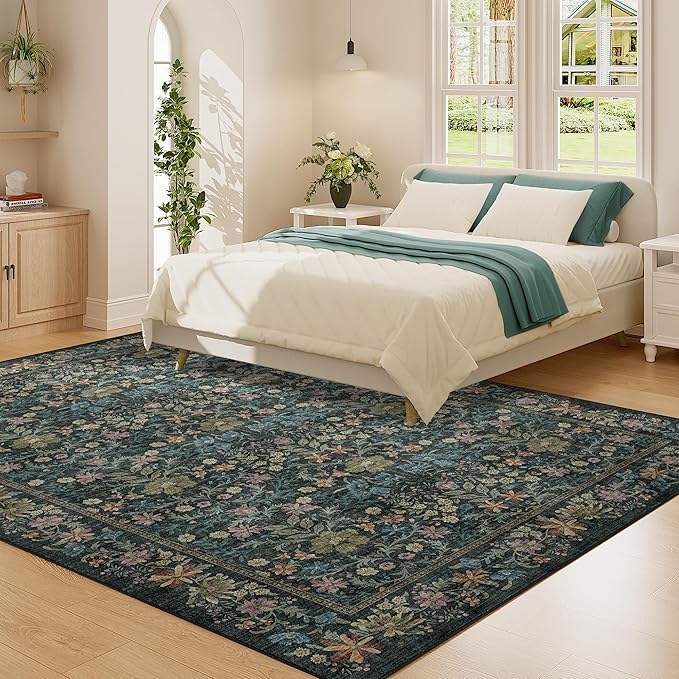 DUKINO 5x7 Area Rugs, Floral Washable Rugs for Bedroom with Non Slip Backing, Vintage Low Pile Indoor Floor Carpets for Bedroom, Living Room, Farmhouse, Home Office, Dining Room, Blue