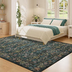 DUKINO 5x7 Area Rugs, Floral Washable Rugs for Bedroom with Non Slip Backing, Vintage Low Pile Indoor Floor Carpets for Bedroom, Living Room, Farmhouse, Home Office, Dining Room, Blue