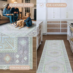 Fame Living Washable Area Rug. Modern Farmhouse. Vintage. Turkish. Bohemian. Distressed. Oriental. Traditional. Rugs for Living Room. Dining. Bedroom. Office. Entryway. Foyer. (856GrnCrm, 9'5" x 14')