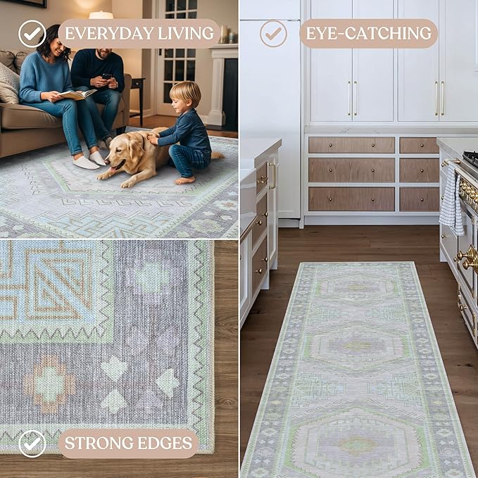 Fame Living Washable Area Rug. Modern Farmhouse. Vintage. Turkish. Bohemian. Distressed. Oriental. Traditional. Rugs for Living Room. Dining. Bedroom. Office. Entryway. Foyer. (856GrnCrm, 9'5" x 14')