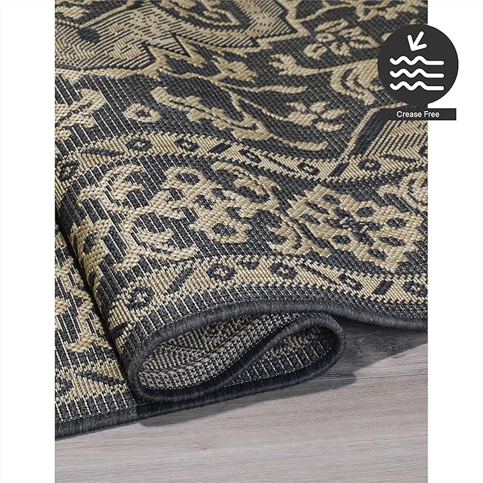 FH Home Flat Woven Outdoor Rug - Waterproof, Easy to Clean, Stain Resistant - Premium Polypropylene Yarn - Vintage - Patio, Porch, Deck, Balcony - Ankara - Charcoal - 5ft 4in x 7ft 6in