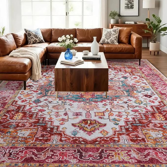 Beglad Large Vintage Area Rugs 6x9 for Living Room, Machine Washable Rugs - Low Pile Carptet, Soft Distressed Floral Rugs for Kitchen, Dining Room, Bedroom, Plum