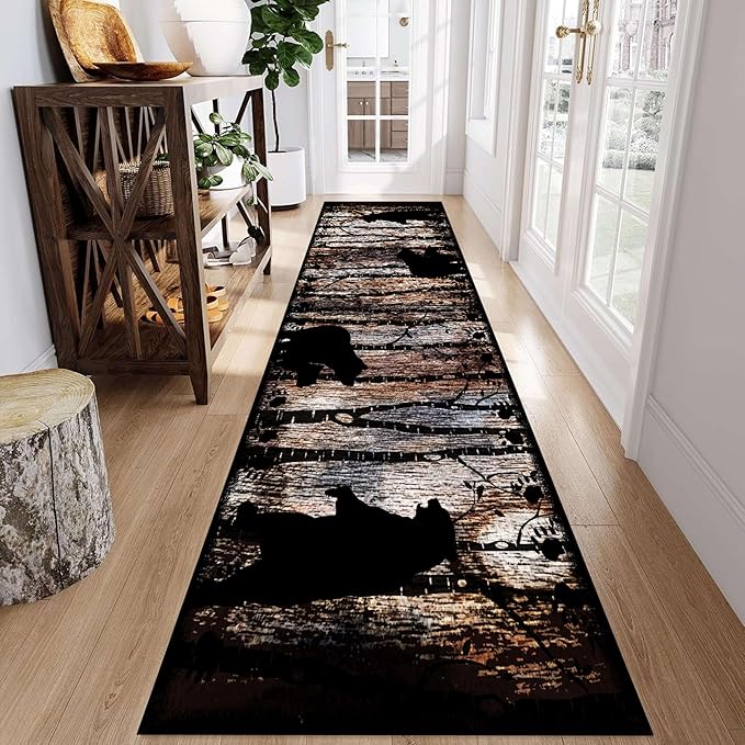 Wildlife Bear Runner Rug, 3.3x7ft, Vintage Wood Grain Wild Animal Black Bear Corridor Carpet, Non-Slip Washable Long Runner Rug for Farmhouse, American Country Wood Floor Entrance Rug Door Mat