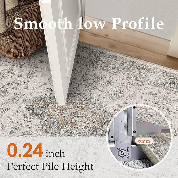 HUGEAR 2x6 Runner Rug Hallway Machine Washable Retro Taupe Green Vintage Floral Low Pile Carpet Distressed Long Throw Rug Bedroom Office Bathroom Kitchen Laundry Non Slip Soft Lightweight
