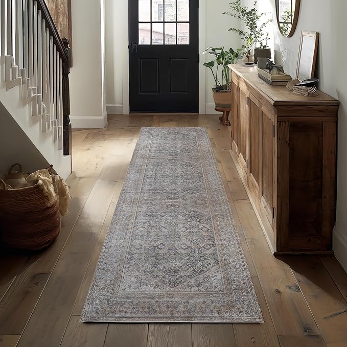 Kuden 2'6"x7' Runner Rug, Machine Washable Area Rug with Non-Slip Backing, Vintage Style, Soft, Easy Clean, Low Pile Rug for Hallway, Entryway, Kitchen, Bedroom
