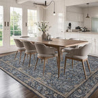 Washable Living Room Rug: 9x12 Boho Floral Soft Area Rug for Bedroom Decor - Vintage Low Pile Thin Carpet for Dining Room Non-Slip - Farmhouse Stain Resistant Rugs - Slate Blue