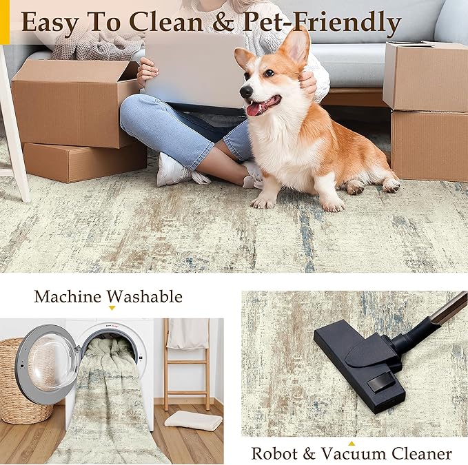 3x5 Area Rug Washable Beige Brown Abstract Office Carpet Modern Neutral Non Slip Soft Low Pile Indoor Entry Contemporary Aesthetic Door Mat Bedroom Throw Rug for Kitchen Laundry Dining Room