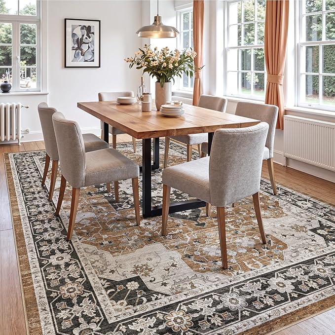 DEXI 9x12 Area Rug for Living Room, Washable Vintage Farmhouse Thin Rug Indoor Floor, Non Slip Stain Resistant Low Pile Carpet for Dining Room Bedroom Office, Brown