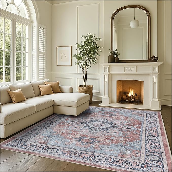 Fame Rugs Turkish Rug. Washable Vintage Oriental Antique Inspired Traditional Doormat Small Modern Area Rugs Luxury Entryway Entry Bedroom Bathroom Kitchen (401TB, 7'5 x 9'9)