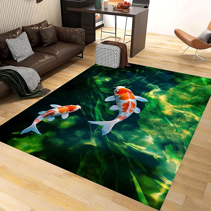 Green Pond Koi Fish Area Carpet, 5x8ft, 3D Realistic Underwater Koi Printed Carpets, Chinese Natural Landscape Soft Low Pile Rug, with Non Slip Backing Pet Friendly Rugs for Entryway