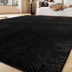 Area Rug for Living Room - 6x9 Soft Faux Rabbit Fur Modern Geometric Wave Carpet for Bedroom, Black