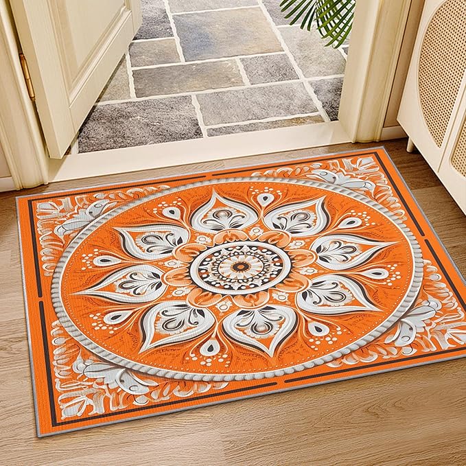 Mandala Rugs 5x7 -Orange Mandala Rug, 4x5 ft, Vintage Meditation Area Rug, Hippie Spiritual Washable Rugs for Living Room Bedroom, Boho Vintage Floral Home Decor & Gifts
