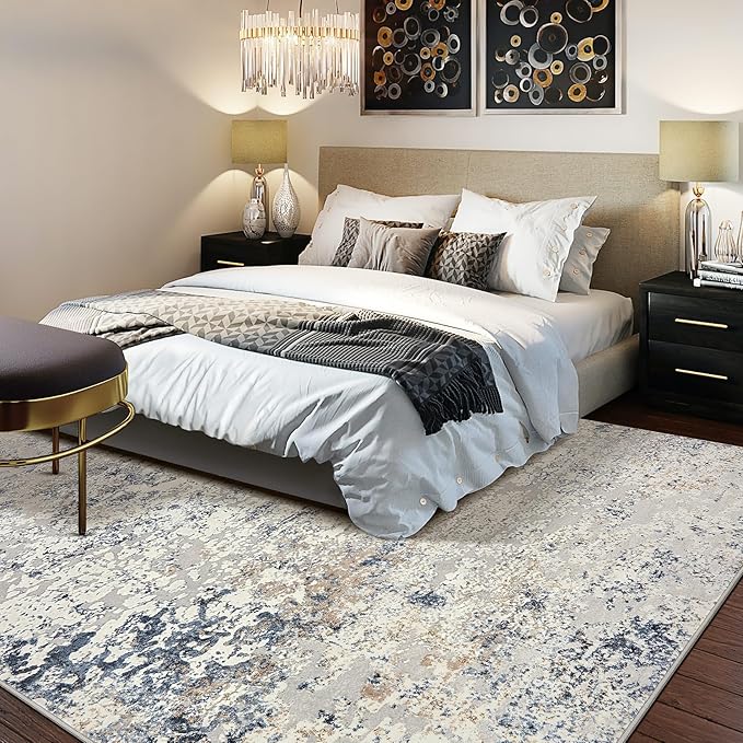 Area Rug Living Room Rugs - 10x14 Abstract Large Soft Indoor Washable Rug Neutral Modern Low Pile Carpet for Bedroom Dining Room Farmhouse Home Office - Beige Blue