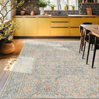 Vintage Washable Beige Blue 10x12 Rug for Living Room - Extra Large Area Rug for Dining Room Under Table, Bedroom - Botanical Floral Design with Purple Accent, Non-Slip Lightweight Soft Low Pile