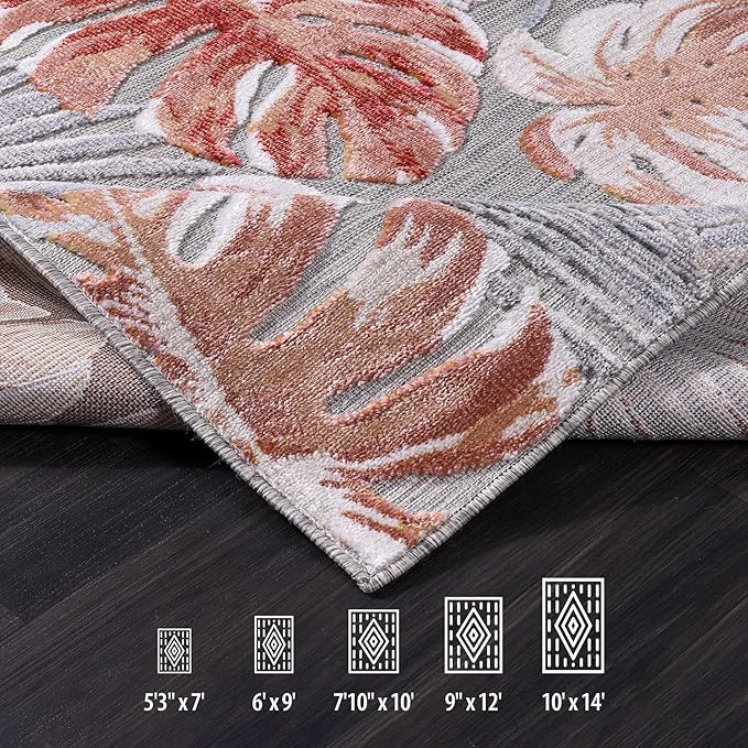 CAMILSON Indoor Outdoor Rug, Mult 9’x12’ Leaf Tropical Botanical Area Rugs for Indoor and Outdoor patios, Easy-Cleaning Non-Shedding Living Room, Garden and Kitchen Washable Outside Carpet (9x12)