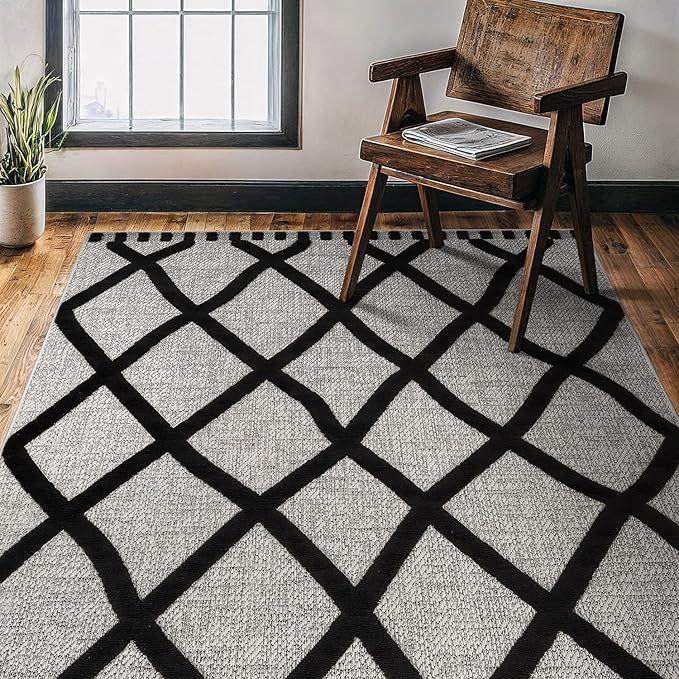 CAMILSON Modern Rug 5x7 Luxury Diamond Pattern Micro Loop Area Rugs Soft High-Low Pile Stain Resistant Easy to Clean Non-Shedding Durable Living Room Kitchen Indoor Carpet (Black/Gray)
