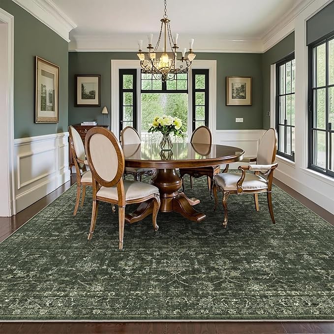 Washable Area Rug 9x12 Green Rugs for Living Room, Vintage Boho Large Rug for Bedroom Dining Room Office, Distressed Floral Print Carpet for Under Table, Soft Non Slip Low Pile Throw Carpet Indoor Mat