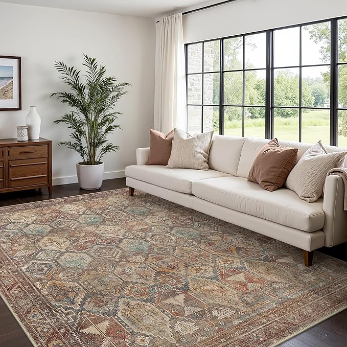 Bavni Washable Rug 8x10 Area Rug for Living Room Bedroom Dining, Washable Vintage Print Carpet, Ultra-Thin Low Pile Lightweight Rug with Non Slip Backing, Reddish Brown