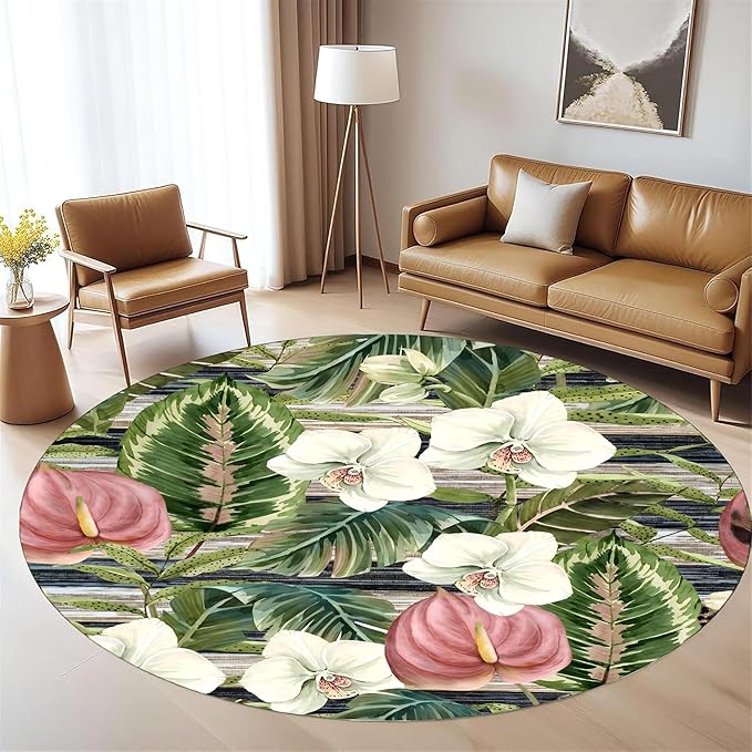 5ft Round Indoor Rug Non-Shedding Machine Washable，Low Pile Non-Slip Carpet with Tropical Floral Pattern，Soft Floor Mat for Living Room, Bedroom, Mudroom Easy Clean Home Decor