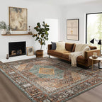 Bavni Washable Rug 4x6 Area Rug for Living Room Bedroom Dining, Washable Print Carpet, Low Pile Lightweight Rug with Non Slip Backing, Vintage Brown/Blue