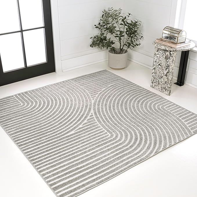 JONATHAN Y Hallie High-Low Curve Gray/Ivory 8x8 Square Indoor/Outdoor Area Rug, Minimalist, Pet Friendly, Non-Shedding, Stain Resistant, Hose-Washable for Backyard, Patio, Porch (SCN100A-8SQ)