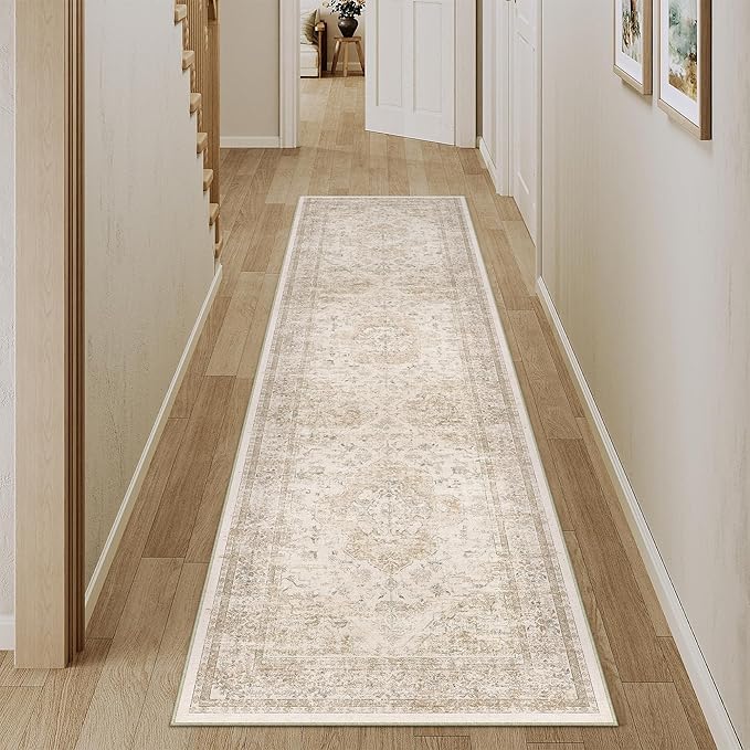 Hallway Runner Rug 2x8 Washable Beige Vintage Distressed Long Runner Oriental Soft Thin Indoor Carpet Non Slip Low Pile Throw Rug for Kitchen Bedroom Laundry Bedside Entryway