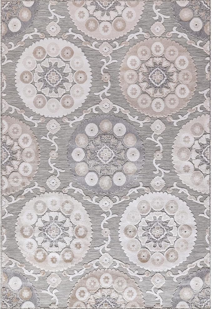 CAMILSON Indoor Outdoor Rug 6x9 Bohemian Medallion Floral Area Rugs for Indoor and Outdoor Patios Easy-Cleaning Non-Shedding Living Room Garden and Kitchen Washable Outside Carpet (6 x 9 / Beige)