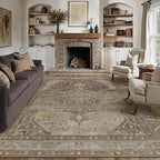 8x10 Brown Washable Vintage Area Rug for Living Room Bedroom Non Slip Distressed Traditional Soft Large Throw Rug Low Pile Lightweight Floral Carpet Office Classroom Dining Room