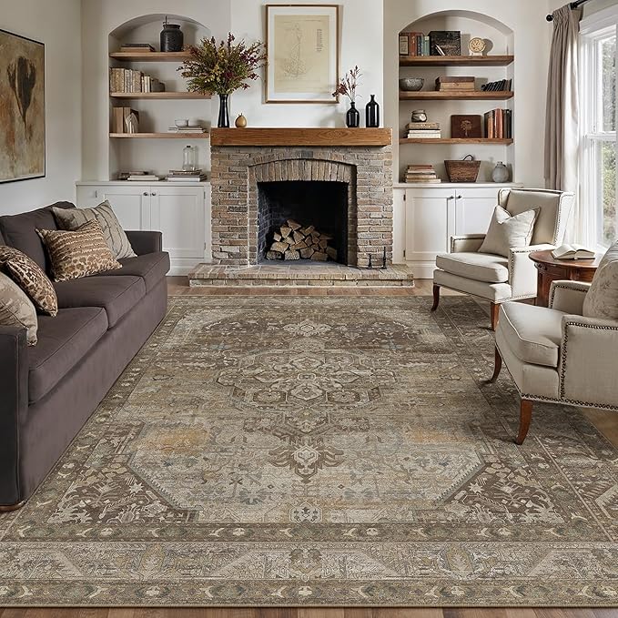 9x12 Brown Washable Vintage Area Rug for Living Room Bedroom Non Slip Distressed Traditional Soft Large Throw Rug Low Pile Lightweight Floral Carpet Classroom Office Home Decor