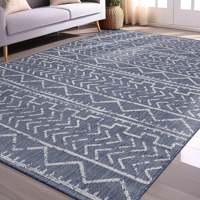 Beverly Rug Waikiki Indoor Outdoor Rug 6x9, Washable Outside Carpet for Patio, Deck, Porch, Trellis Area Rug, Water Resistant, Blue - White