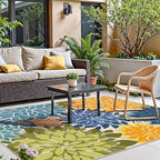 Colorful 9x12 Outdoor Area Rug Washable Multicolored Patio Rug Tropical Botanical Floral Chenille Waterproof Outdoor Carpet Non-Slip for Deck, Backyard, Porch, Green
