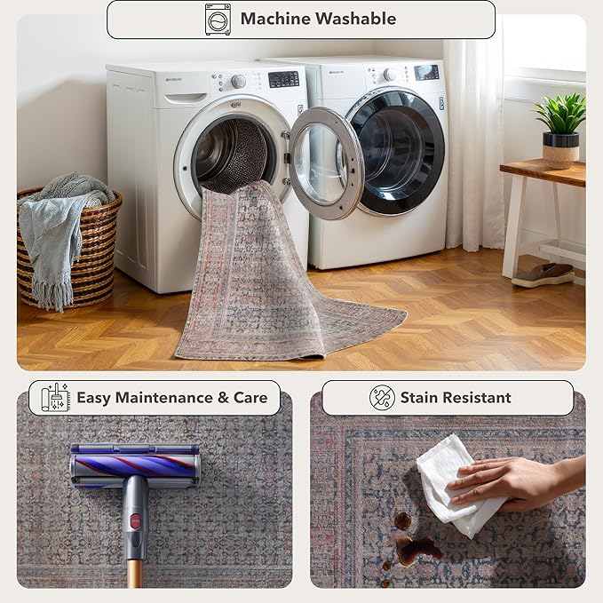 Kuden 9x12 Large Area Rug, Machine Washable Area Rug with Non-Slip Backing, Vintage Style, Soft, Easy Clean, Low Pile Rug for Living Room, Bedroom, Dining Room