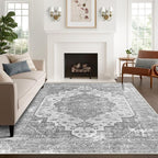 vivorug 6x9 Area Rugs, Stain Resistant Washable Rug for Living Room, Vintage-Inspired Grey Floral Rug