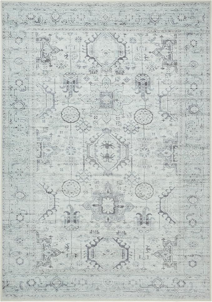 GLN Rugs Traditional Collection - Machine Washable Area Rug, Traditional Washable, Non Slip, Low Pile Chenille Rug, Living Room, Bedroom, Kitchen Rug (6' x 9' Cream/Gray/Sea Salt)