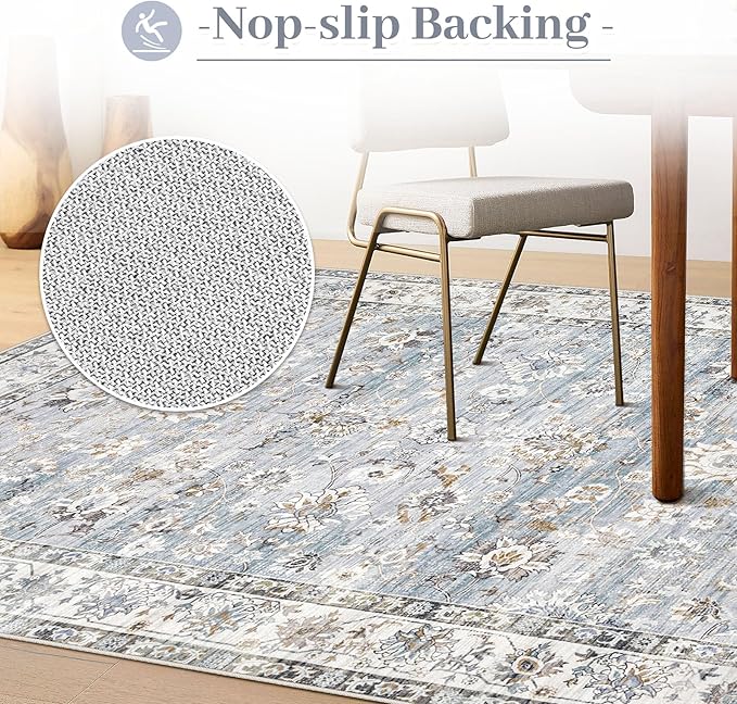 Area Rug 8x10 Living Room Rug, Machine Washable Vintage Distressed Boho Area Rug Non-Slip Soft Low Pile Large Indoor Rugs for Bedroom Kitchen Dining Room Office(Light Blue,8'x10')