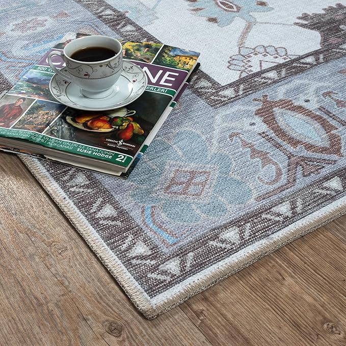 Fame Living Cream Grey Oushak Rug, Modern, Vintage, Turkish, Eclectic, Floral, Pastel, Washable, Area Rugs for Living Room, Dining, Bedroom, Nursery, Girls, Boys, 5'9"x8'9"
