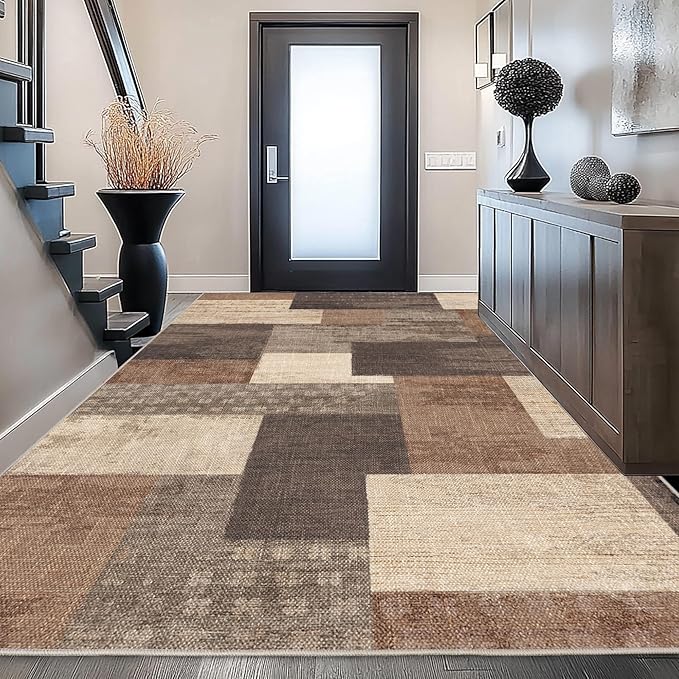 Modern Geometric Patchwork Indoor Area Rug for Living Room, Beige 8'x 10' Large Rug Rockwood Collection Hardwood Floors Decor for Bedroom, Beige Throw Carpet for Office Entryway Dining Room
