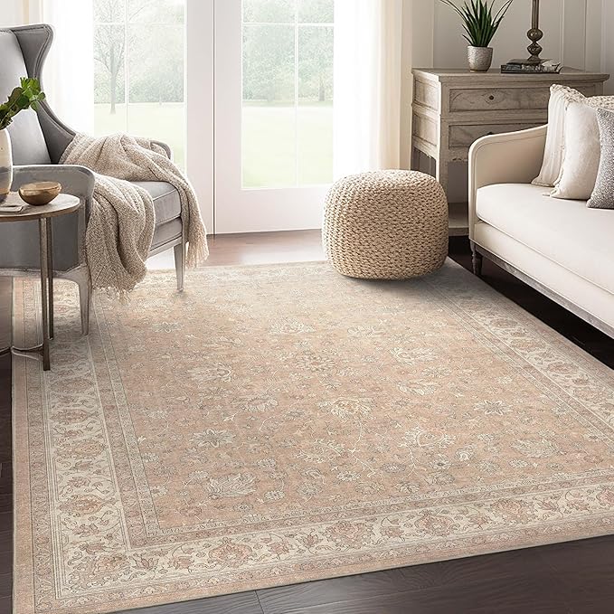 Well Woven Asha Rome Beige Cream 6' x 9' Area Rug - Oriental Floral Pattern, Easy Clean, Floor-Friendly Backing - for Living Room, Bedroom, and Dining Room