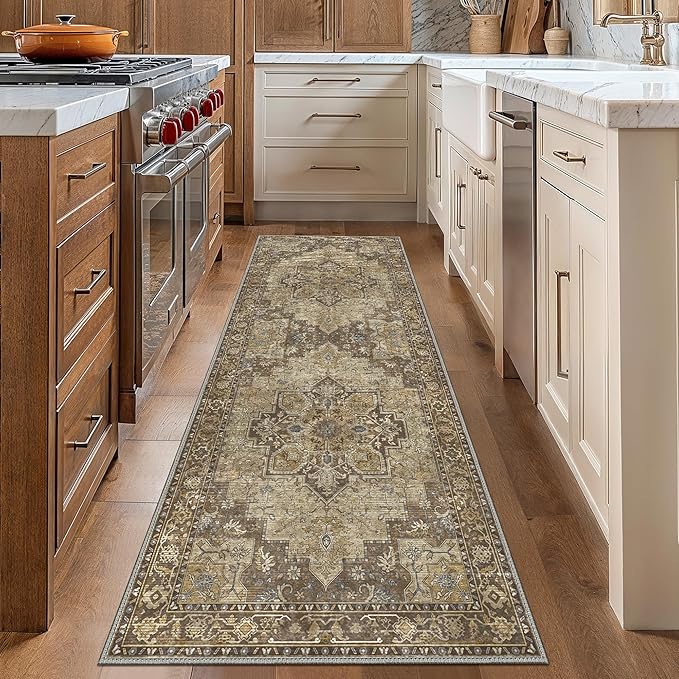 GENIMO 2x8 Runner Rugs for Hallway, Machine Washable Non Slip Vintage Rugs, Low Pile Lightweight Soft Print Rug for enrtyway, Corridor, Home Office, Kitchen, Rustic Brown