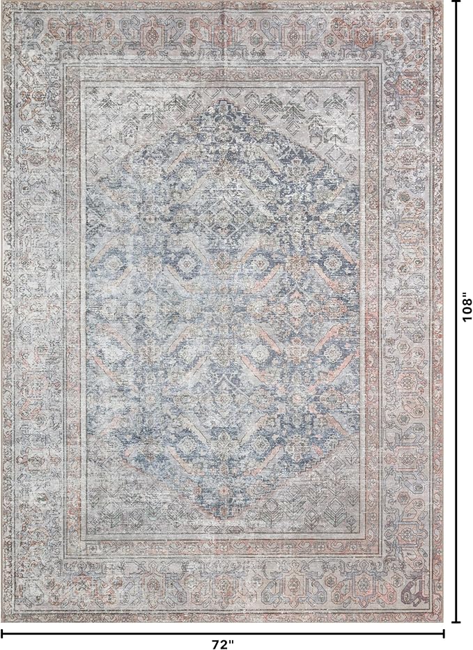 Kuden 6x9 Area Rug, Machine Washable Area Rug with Non-Slip Backing, Vintage Style, Soft, Easy Clean, Low Pile Rug for Living Room, Bedroom, Dining Room
