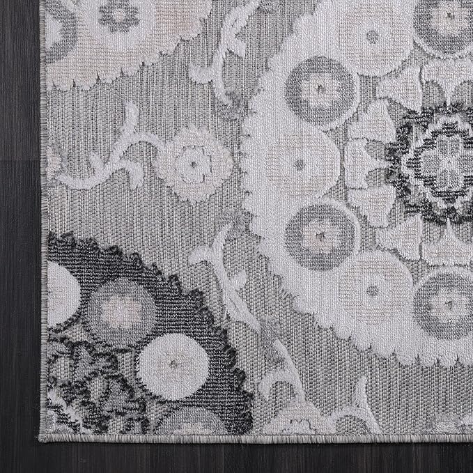 CAMILSON Indoor Outdoor Rug 10x14 Bohemian Medallion Floral Area Rugs for Indoor and Outdoor Patios Easy-Cleaning Non-Shedding Living Room Garden and Kitchen Washable Outside Carpet (10 x 14 / Gray)