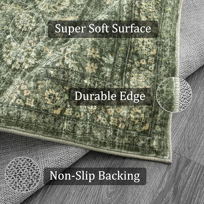 Morebes Vintage Kitchen Runner Rugs Non Skid Washable, Floral Boho 2x8 Runner Rug, Non Shedding Runner Rugs for Hallway Indoor Floor Carpet Runner for Laundry Room Bedroom, Grayish Green
