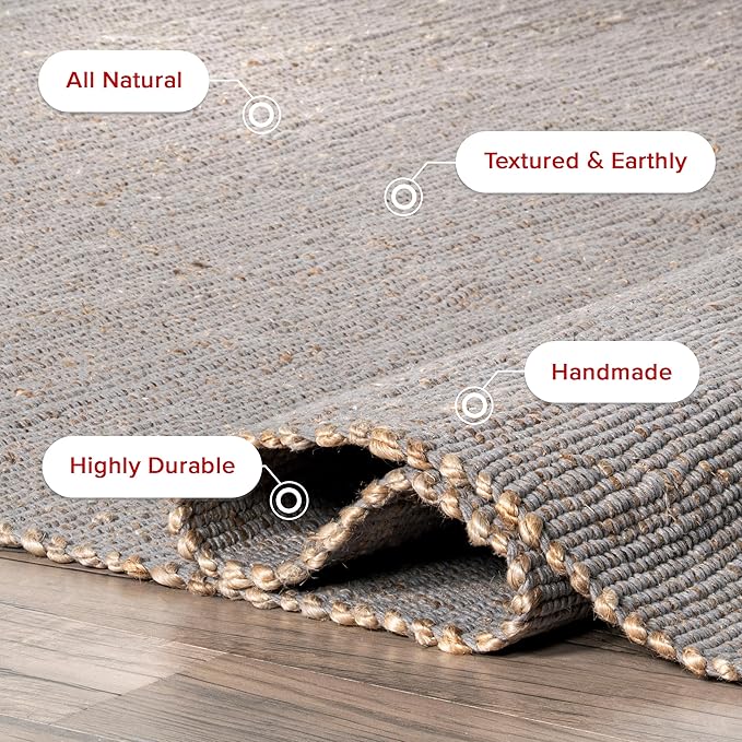 nuLOOM 10x14 Elfriede Jute & Cotton Hand Woven Area Rug, Grey, Solid Rustic Farmhouse Style, Weaved Design, Natural Fiber, For Bedroom, Living Room, Dining Room, Hallway, Office, Entryway