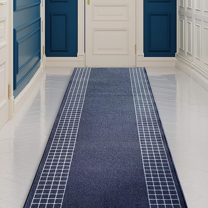 Custom Made Runner Rug for Kitchen Foyer Hallway Entry Choose Your Length 31 Inch Wide Geometric CheckeBlue Design Blue Color (25 feet x 31 Inch)