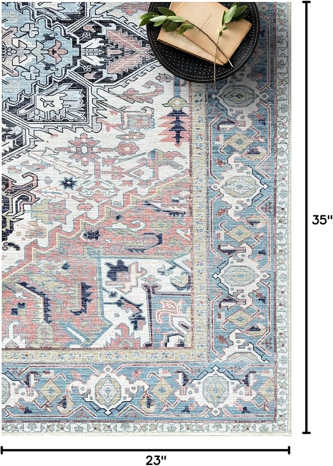 Fame Living Faded Oushak Rug, Turkish Vintage Floral Pastel Large Oversized Area Rugs for Living Room Dining Bedroom Kitchen Bathroom Nursery (848CrNv, 2' x 3')