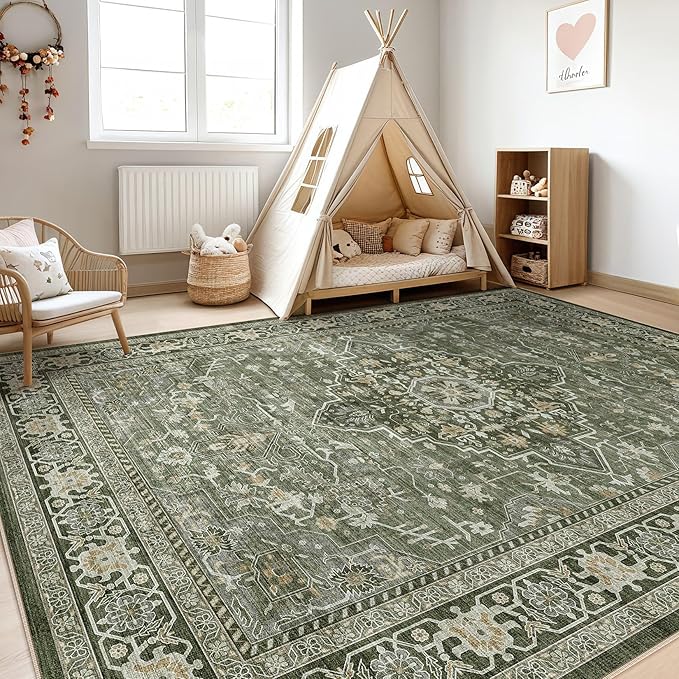 9x12 Area Rug Living Room: Washable Boho Large Neutral Vintage Soft Rugs Stain Resistant Farmhouse Non Slip Indoor Floor Carpet for Bedroom Nursery Kids Playroom Office Dining Room Home- Dark Green