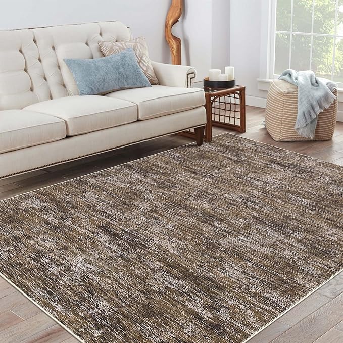 RUGSREAL Area Rug 5x7 Machine Washable Area Rug for Living Room Non-Slip Stain Resistant Modern Abstract Bedroom Rug Contemporary Solid Throw Rug Foldable Accent Floor Carpet for Dining Room, Brown